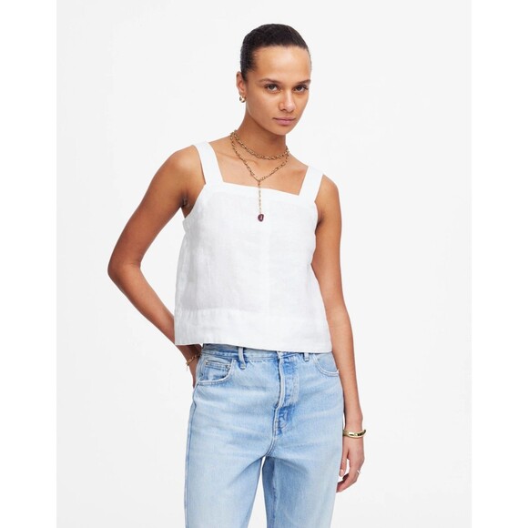 MADEWELL Contrast-Stitch Squareneck Top 100% Linen XS Salt White Tank NWT B80 - Picture 1 of 6